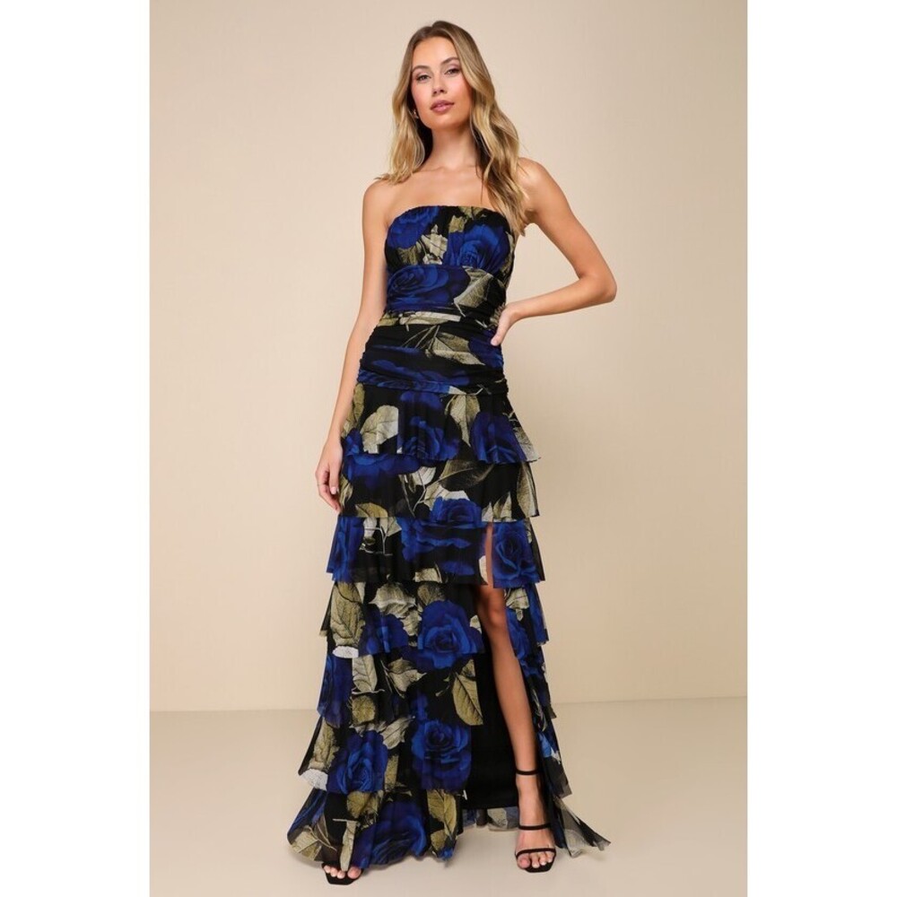 Lulus Phenomenal Aura Black Floral Ruched Tiered Strapless Maxi Dress - Size M
